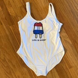Life Is Good White Women’s One-Piece Swimsuit with Red, Blue & Yellow Popsicle